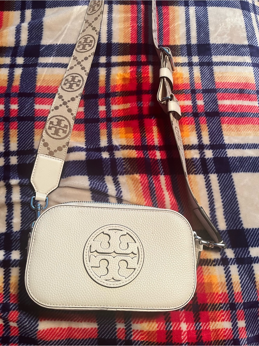 Tory Burch Cream Pebbled Leather Logo Crossbody with Printed Strap